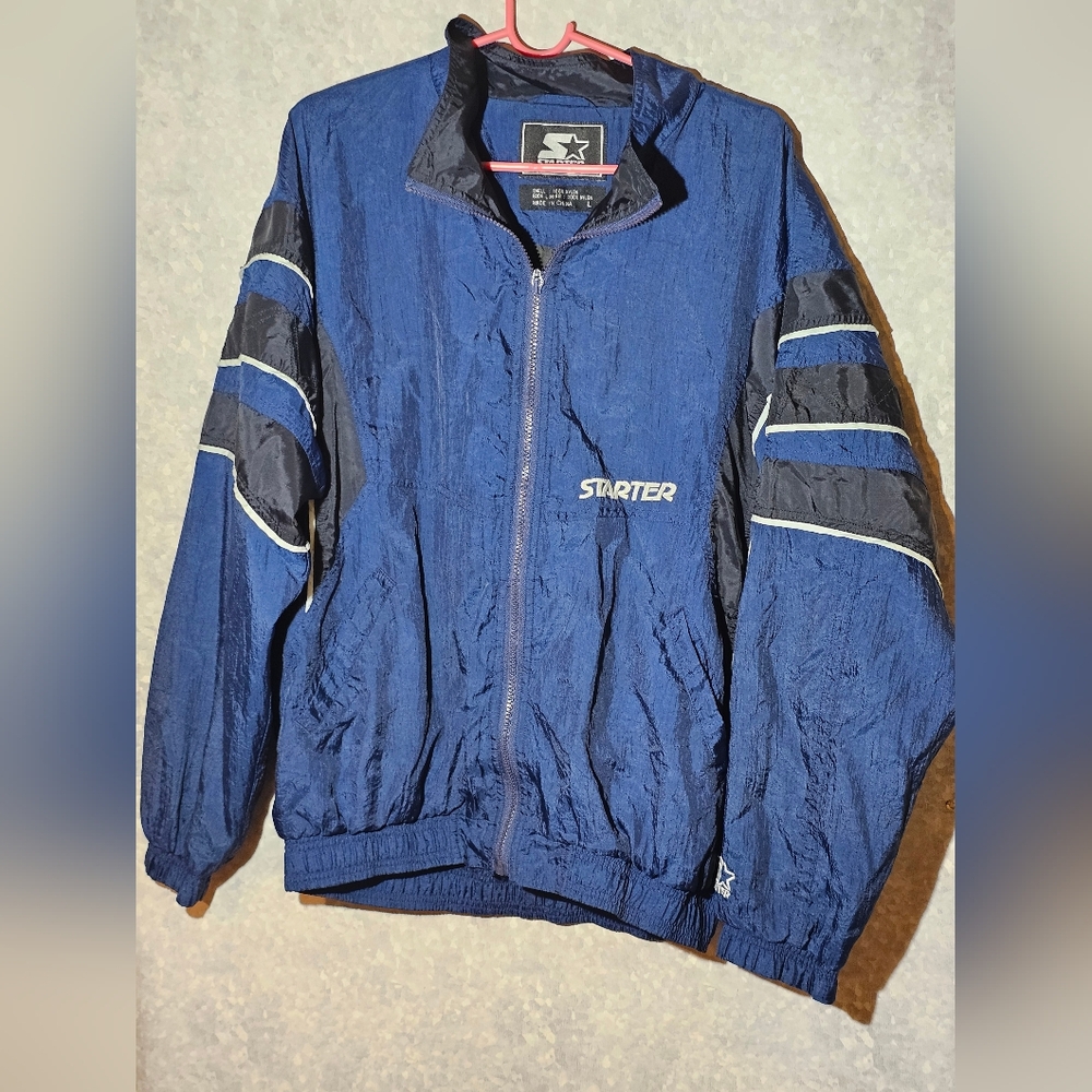 Vintage 90s Starter Jacket Black Label Windbreaker Zip Up Navy Blue Mens Large